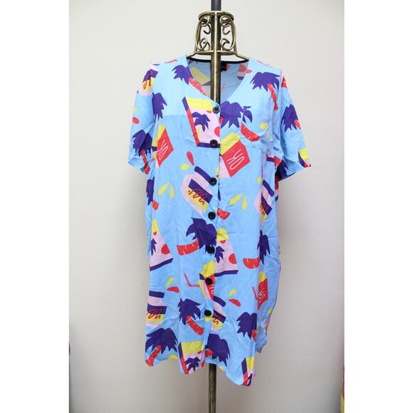 Nooworks Blue Snacks Palm Tree Button Down Shirt Dress Size Medium - Picture 1 of 4